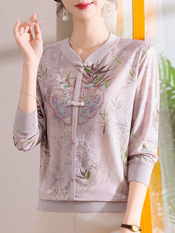 Elegant Long Sleeve Chinese Style T-Shirt for Middle-Aged and Elderly Women - Spring Patterned Elastic Top