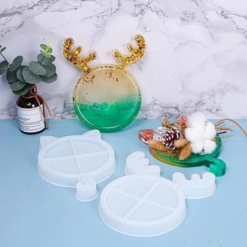 New Christmas Cat Elk Antlers Shaped Tray Silicone Molds Handmade Diy Crafts Christmas Jewelry Tools Pottery Mould Home Decor