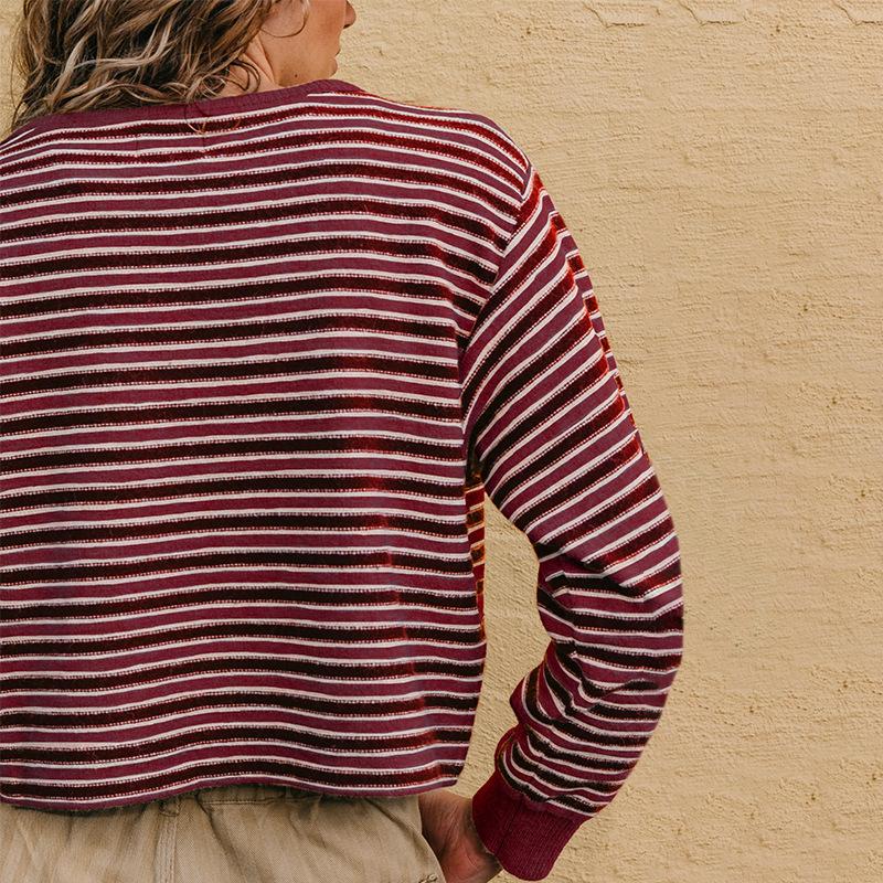 Crew Neck Women'S Knitted Versatile Fashion Autumn And Winter Striped Knitted Sweater Contrasting Color Loose Sweater