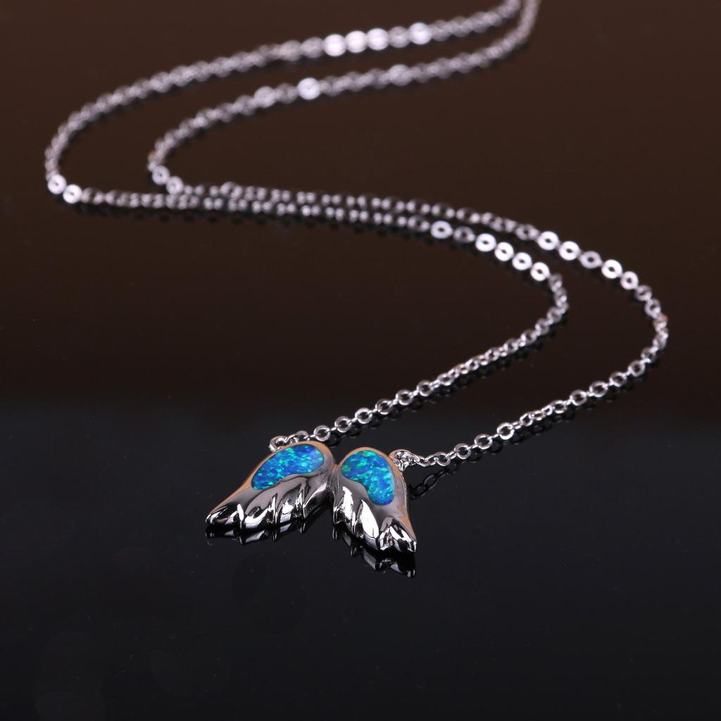 KELITCH Initial Choker Necklace, Synthetic Opal Extendable Angel Wing Necklace (Blue)