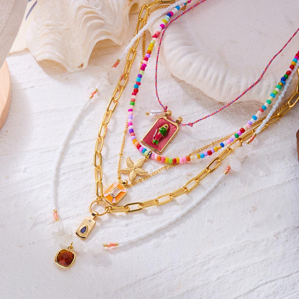 5PCS/Set Fashionable Multi-Layer Starfish Drop Oil Square Fish Pendant Beaded Necklace for Women Colorful Choker Cool And Trendy