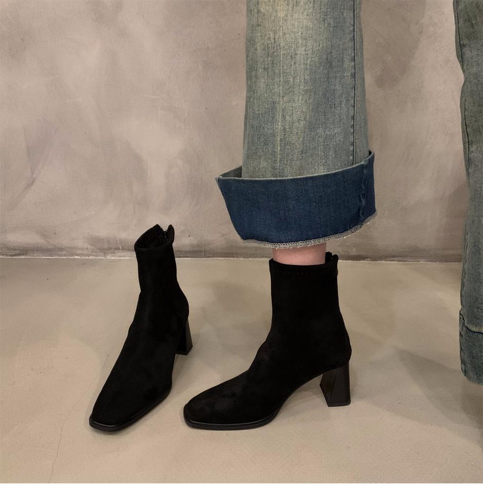 Retro suede short boots women's 2025 new autumn and winter foreign versatile and thin rear zipper square head thick heel Martin boots