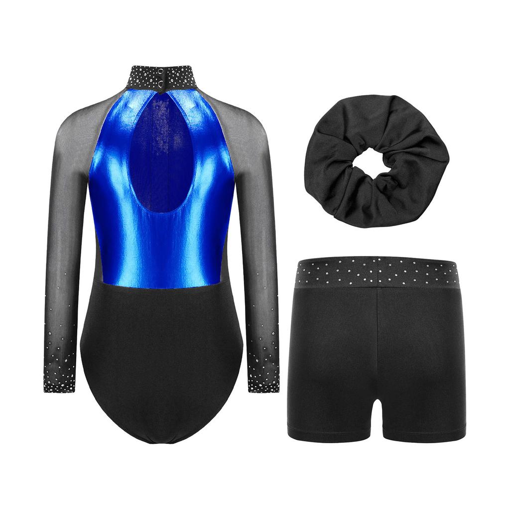 Mädchen Mesh Langarm Turnanzug Strass Shorts Kopfschmuck Gymnastik Tanz Performance Set