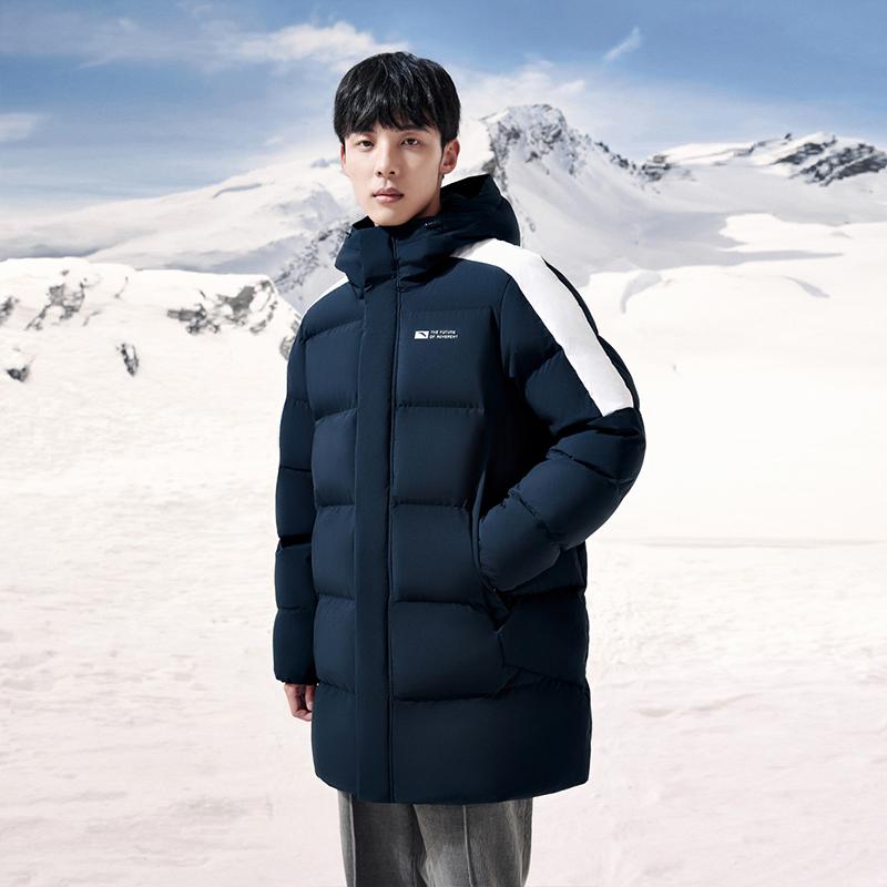 Anta Champion All-Weather Series Color Block Zipper Hooded Mid-Length Four-Proof Long Sleeve Snow Shell Down Jacket Men Outerwear 952347908-4