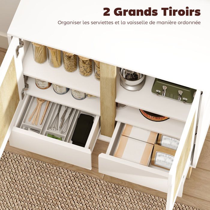 Buffet - HOMCOM - 2 portes, 2 tiroirs et étagère réglable, pieds en bois de caoutchouc - style nordique - 80 x 40 x 86 cm - blanc