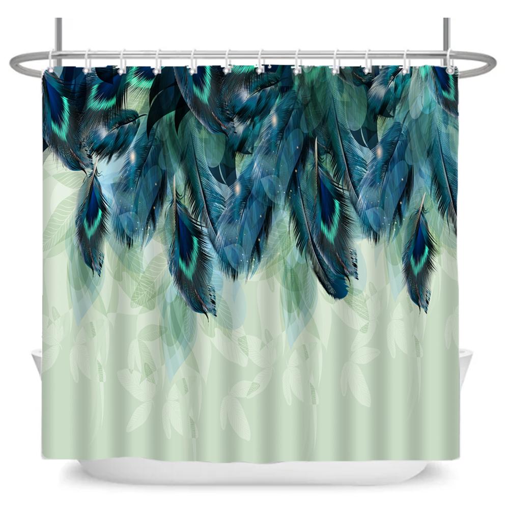 Feather Shower Curtains Printed Fabric Watercolor Flowers Bathroom Waterproof Polyester Bath Curtain Home Decoration with Hooks