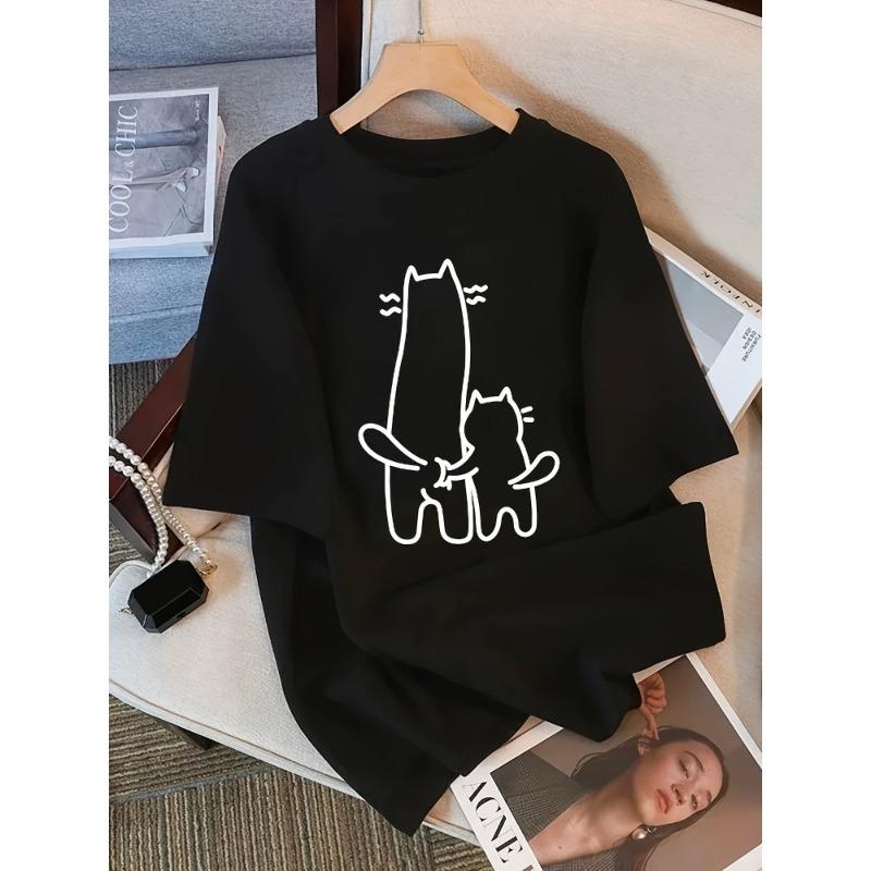 Womens round neck Tshirt with cute cat print pattern short sleeved casual versatile Womens Tshirt S