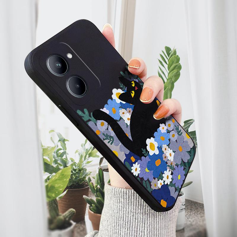 Módní pouzdro na telefon s černou kočkou pro iPhone 15 14 13 12 11 Samsung Galaxy S23 S22 A52 A52S Měkké pouzdro se čtvercovým krytem z tekutého silikonu s plnou ochranou