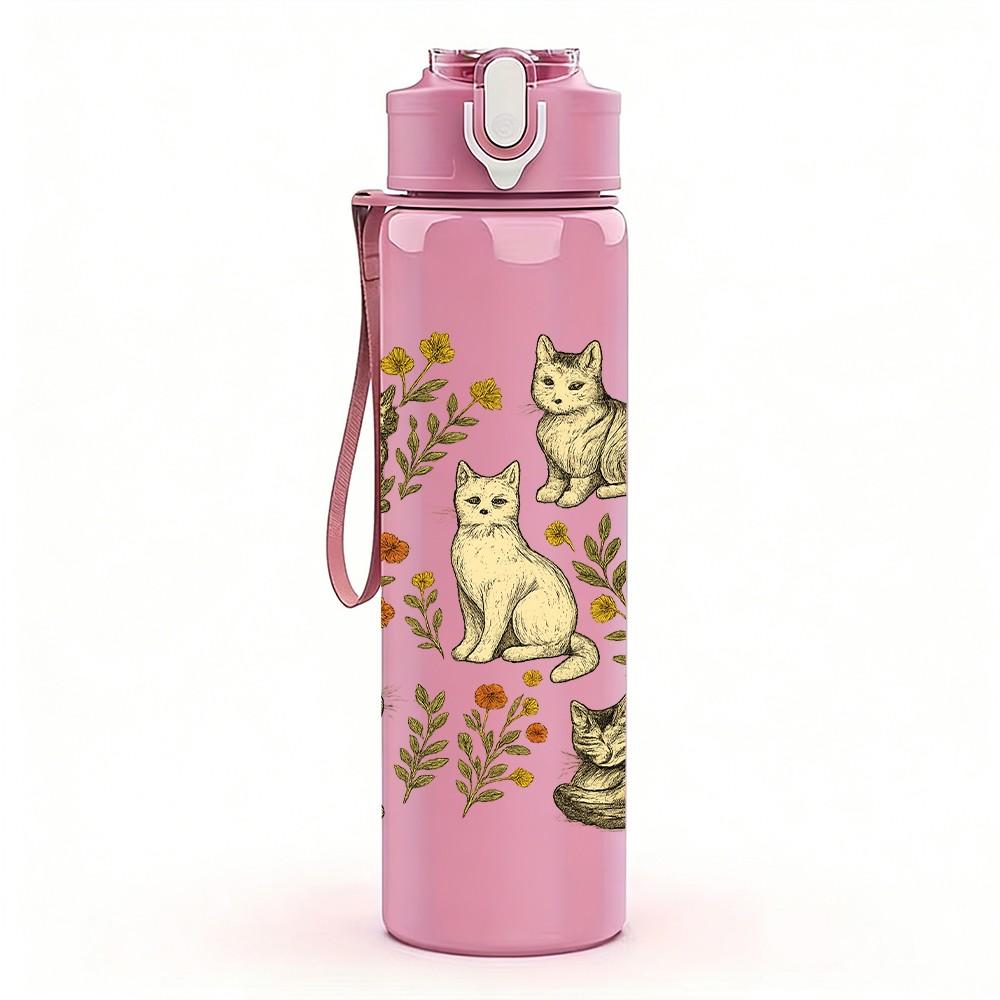 1PC Multiple Cat Collection Print 750ml Color Plastic Sports Water Bottle Leakproof Flip Straw Lid Suitable for Sports Office Home Use