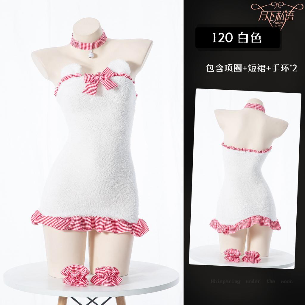 Fun Christmas Plush Backless Maid Dress Bear Nightdress, Sexy Plaid Lace Bow Pajamas Hip Skirt