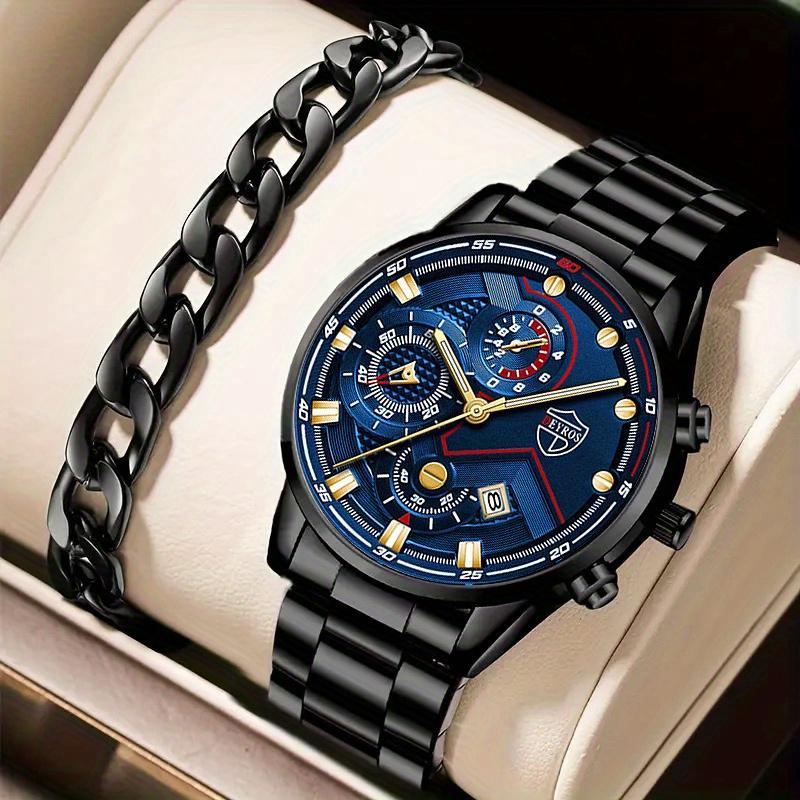 

2 шт./набор, 1 шт. модные мужские спортивные круглые кварцевые часы из нержавеющей стали и 1 шт. браслет с