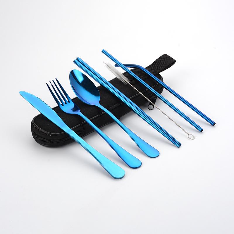 Travel Portable Stainless Steel Cutlery Set: Knife, Fork, Spoon, Straw, Chopsticks with Bag