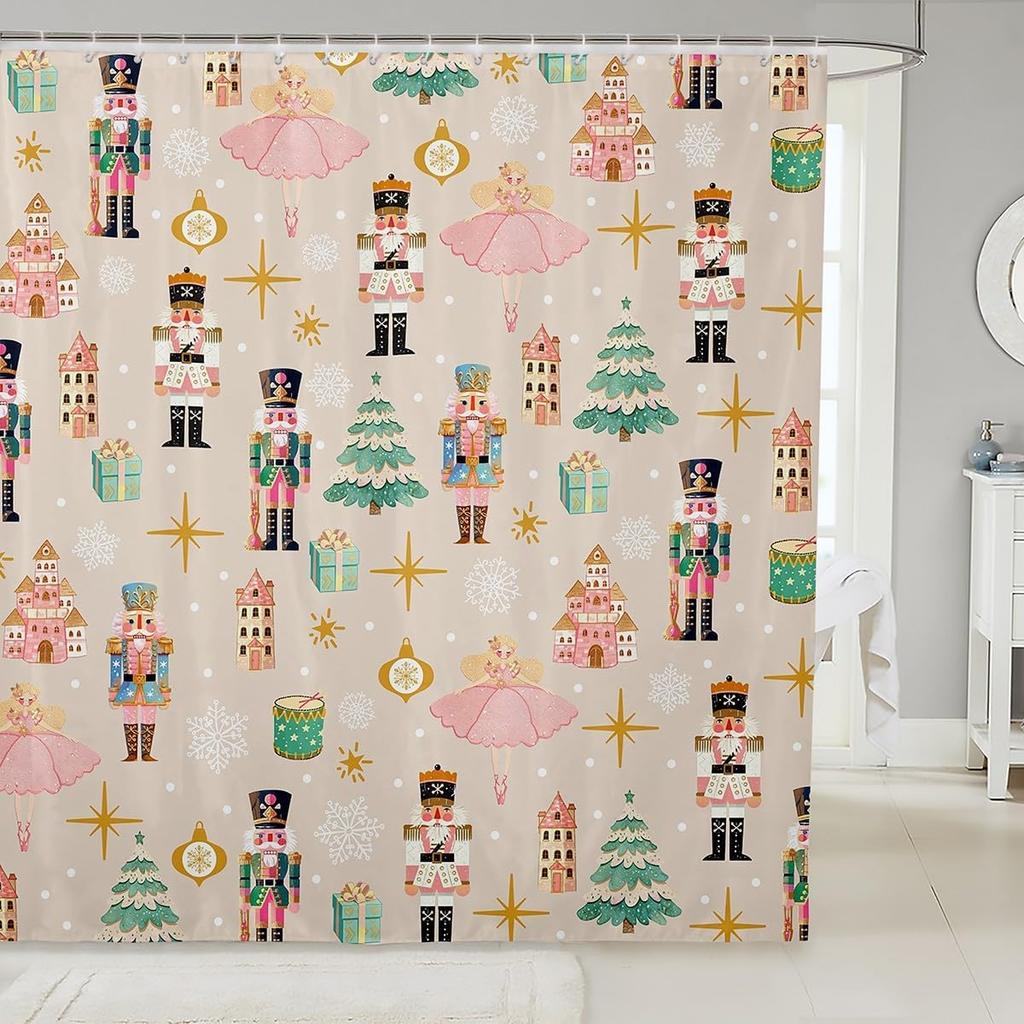 Pink Christmas Shower Curtain,Christmas Nutcracker Bathroom Shower Curtain Sets,Dreamy Castle Princess Fabric Shower Curtain