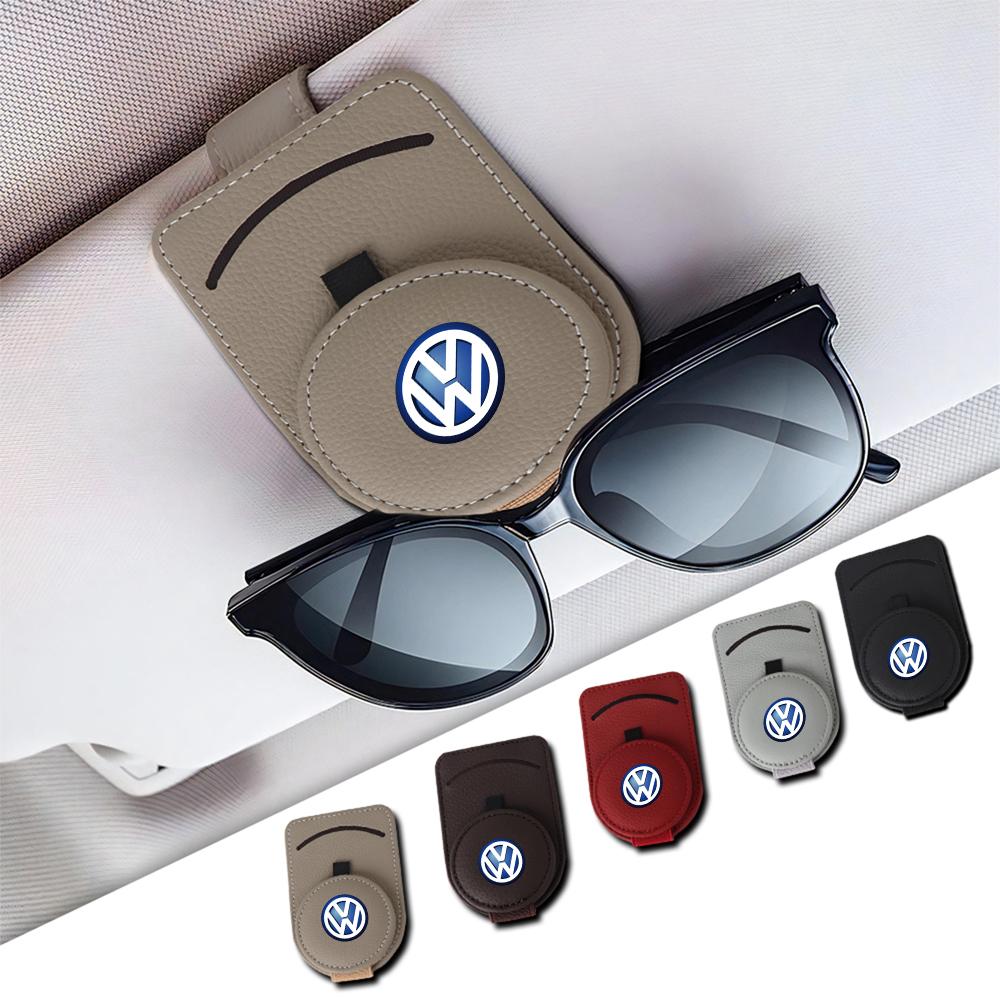 W14-Leather Car Sun Visor Glasses Holder Sunglasses Card Clip For Volkswagen VW R Polo Passat Rline Golf 4 5 6 Tiguan Jetta GTI ID.3