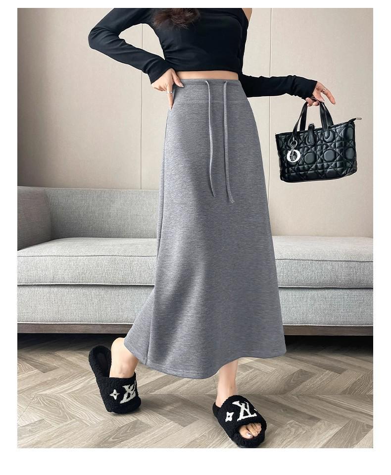 Women s Black Drawstring A-line Midi Skirt - Early Autumn 2025, Slimming High Waist M серый