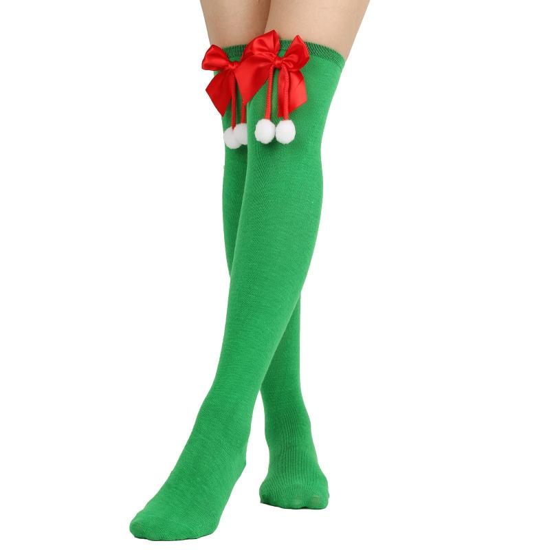Striped Stockings For Women Over The Knee Long Socks Christmas Green Red Bowknot Long Socks Female Leg Stocking