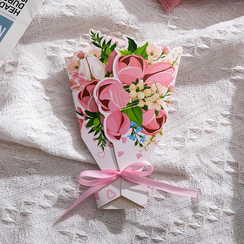 5/10pcs 3D Bouquet Greeting Cards with Bow Foil for Valentine's Day Christmas Thanksgiving - Assorted Colors Thank You Cards