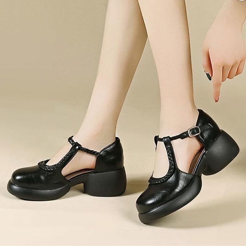 Baotou Sandals Women's Summer New Stone Pattern Woven Round Head Thick Heel Comfortable Versatile High Heel Single Shoes