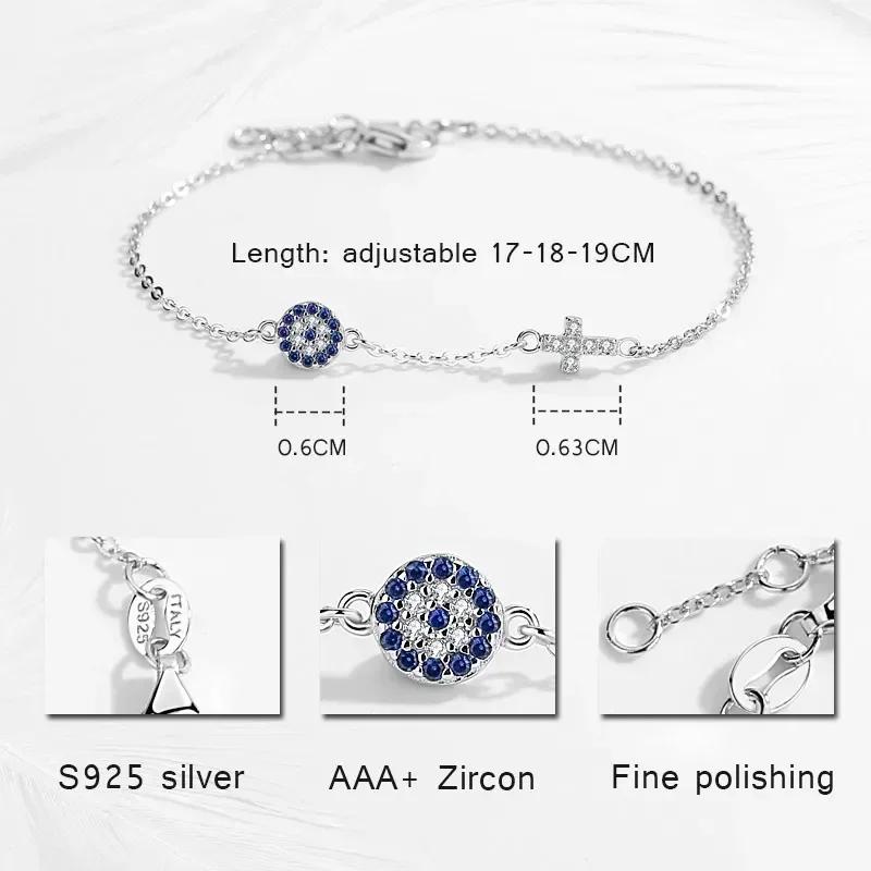 TONGZHE 925 Silver Hamsa Lucky Evil Eye Cross Bracelet Wonder Women Small Blue Cystal Stones Fine Wedding Jewelry