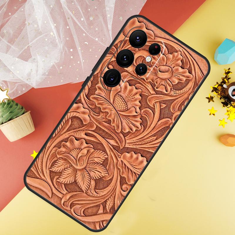 Brown Hand Tooled Western Phone Case For Samsung Galaxy S25 Ultra S23 S21 S20 S22 S24 FE S9 S10 Plus Cover Coque