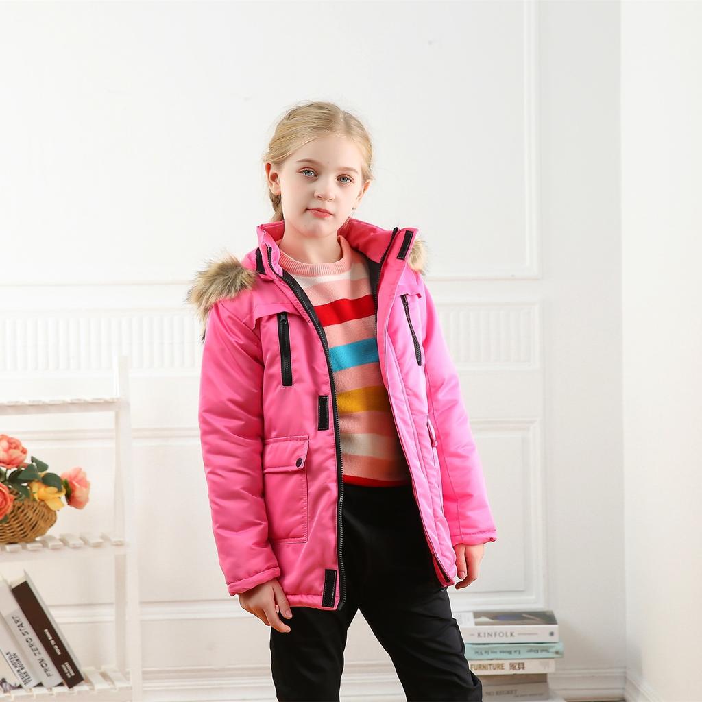 Middle and Big Children's Cotton Jacket Solid Color Thickened Warm Rushing Jacket Boys and Girls Hair Collar Removable Hooded Jacket