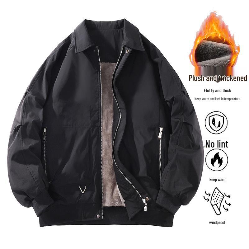 

Men s Plus Velvet Thickened Casual American Workwear Jacket - Dad Style Warm Lapel Outerwear for Autumn/Winter 2XL чорний