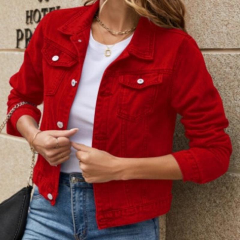 Women's Solid Color Washed Denim Coat Commuting Style Lapel Long Sleeve Cowboy Coats Female Spring Autumn Jackets