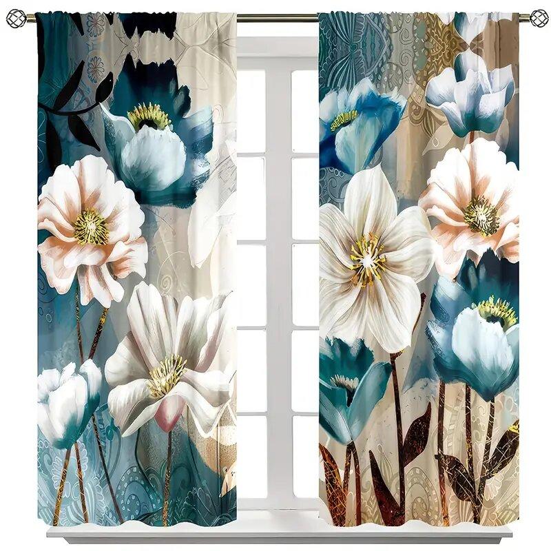 Blue Floral Painted Pattern Printed Curtains Window Decorations Home Room Made Of Polyester