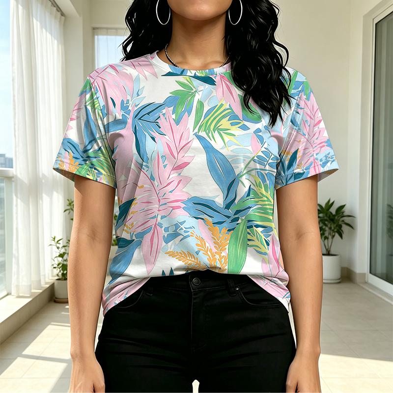 Women's Tropical Plant Casual Short Sleeve T-Shirt - Soft Cotton, Colorful Fresh Design, Versatile for Everyday Wear & Work Commute