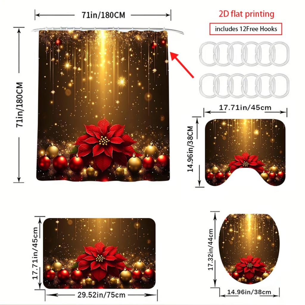 4Pcs Printing 4pcs. Christmas with Shower Curtain Set with Non-Slip Bath Mat, Toilet Lid Cover, Contour Rug & 12 Hooks, Bathroom Decor