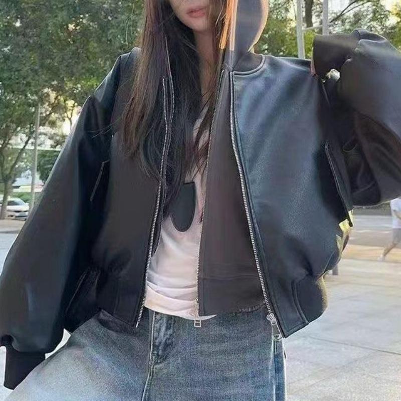 Women S Black Short Long Sleeve Baseball Faux Leather Jacket