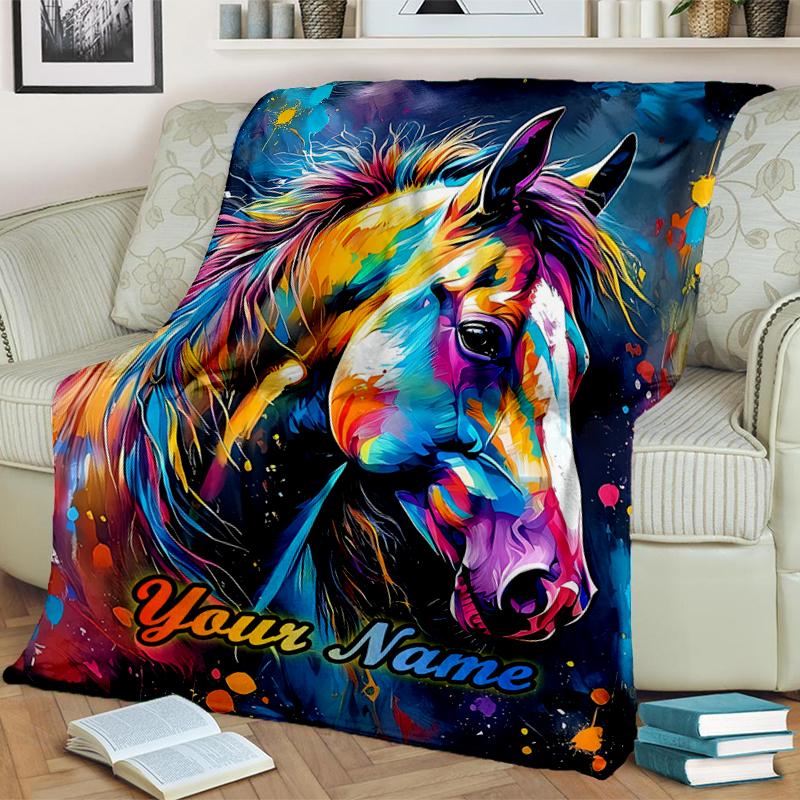 1PC Custom Name Colorful Horse Portrait flannel blanket versatile,all-season throw suitable for the living room,bedroom,camping,travel,and gift