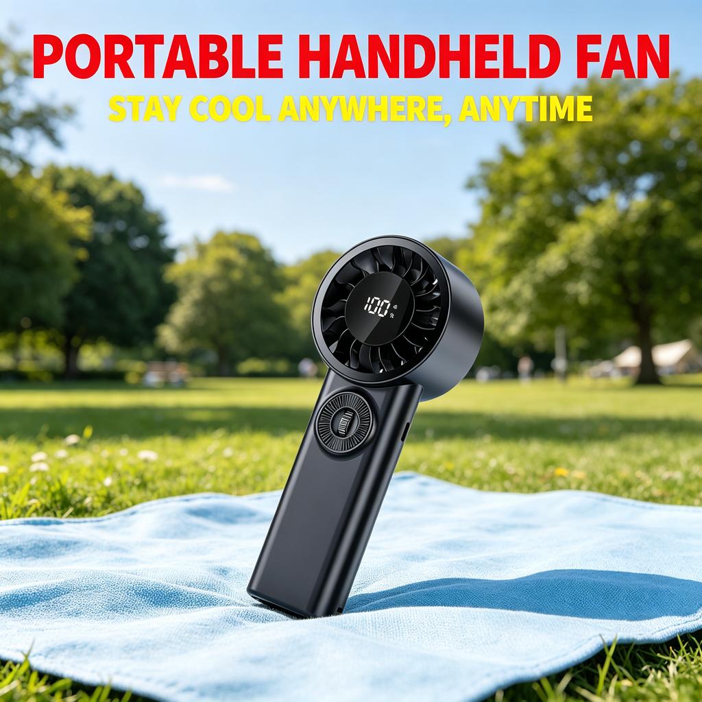 Mini ventilador portátil de mano recargable con pantalla digital y velocidad ajustable