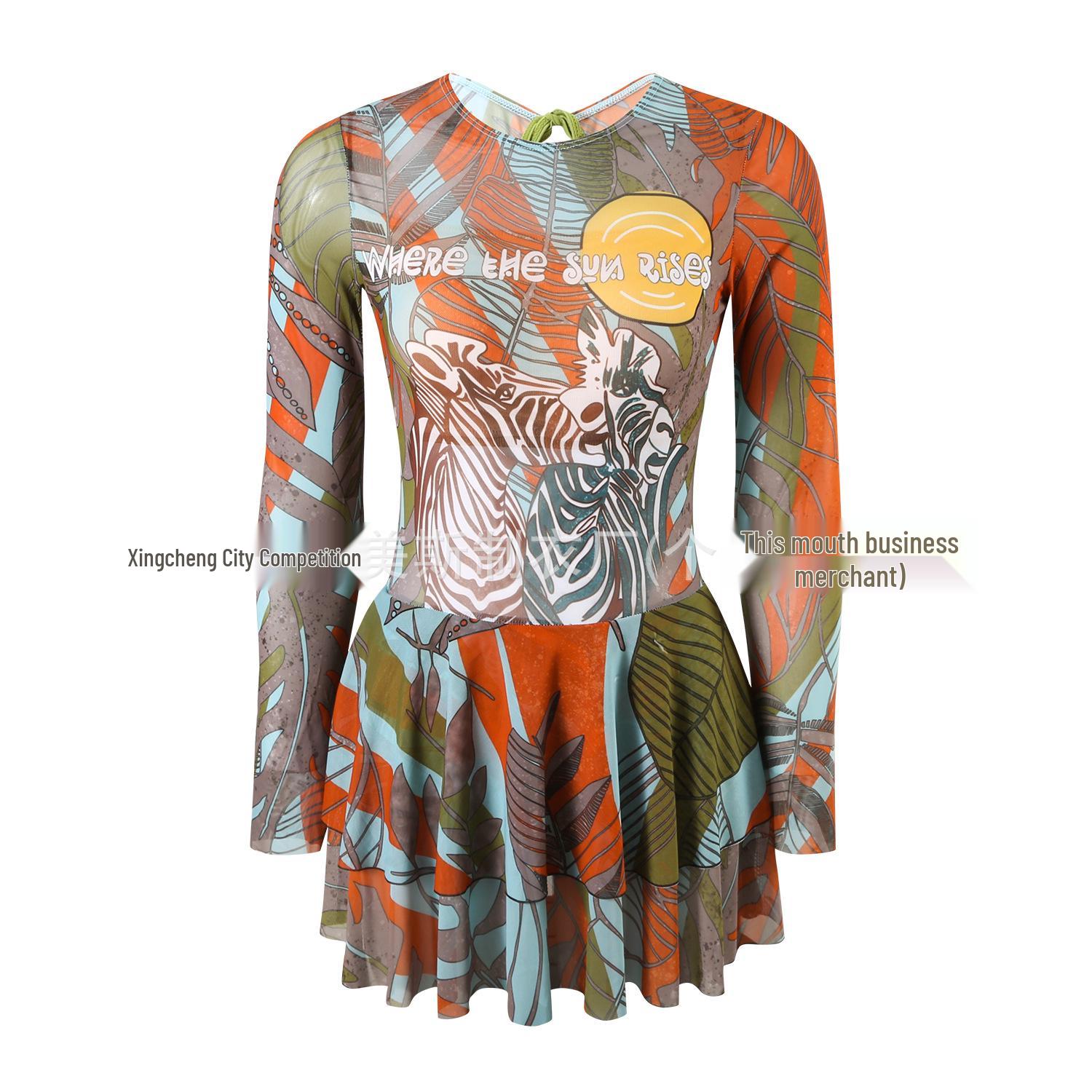 Russian Foreign Trade Long Sleeve Mesh Skirted Swimsuit with Sun Protection Medium цветочный 3