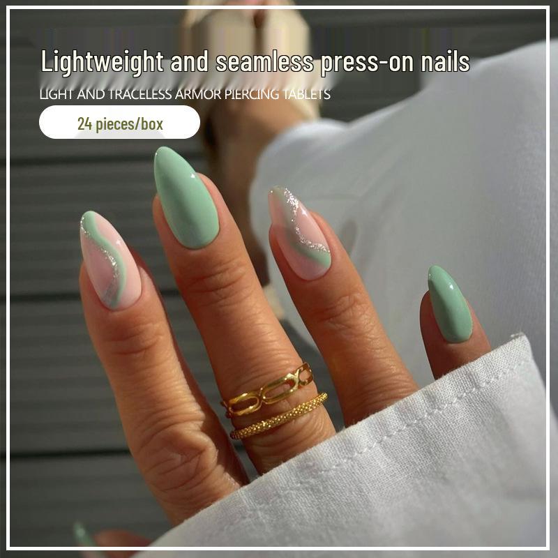 

Изумрудно-зеленые капли воды нюдовая полоска типсы для нейл-арта - съемные, носимые накладные ногти Gel Glue Model