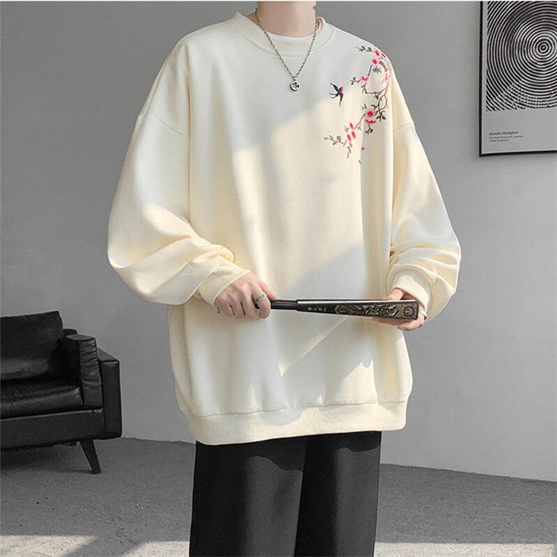 Chinese Style Pull On Sweatshirts Men Fashion Embroidery Casual Hoodie Male Round Neck Loose Spring Autumn Streetwear Tops