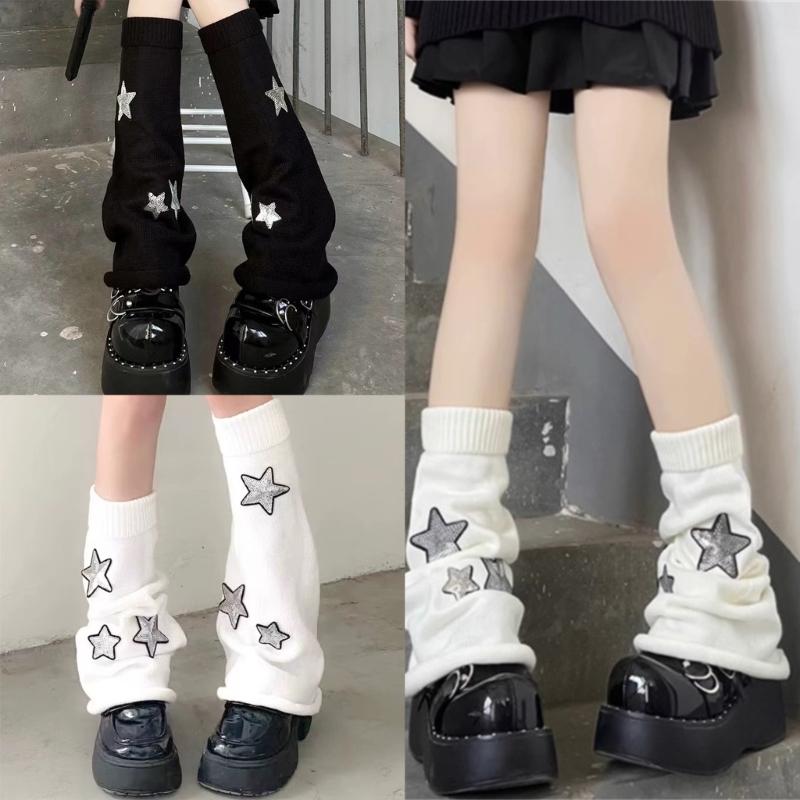 Pierneras Lolita para Niñas Y2K Estrella Tejidas Mangas de Pierna Acampanadas Puño Holgado Gótico Calcetines Tobillo Montón Cubre Pies Uniforme JK