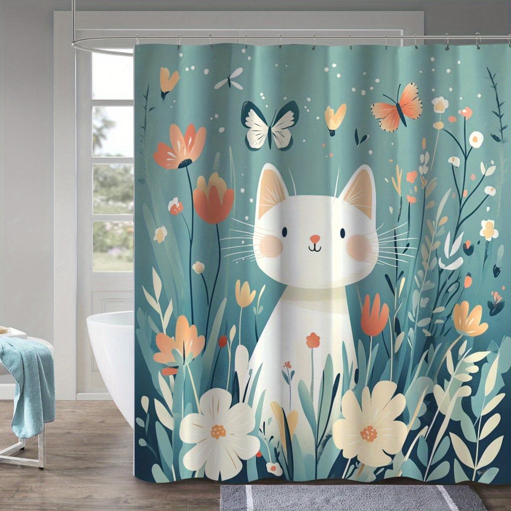1pc Spring Delicate Cat and Butterfly Shower Curtain, Woven Design, Soft Floral and Butterfly Pattern, Bathroom Curtain