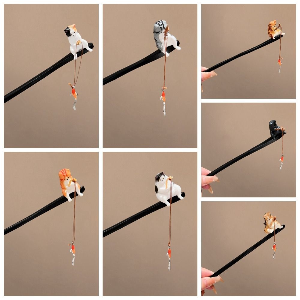 Cat Fishing Hanfu Hairpin Black Sandalwood Wooden Hair Stick Antique For Girl