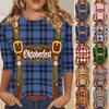 Damen Casual Dreiviertelarm Oktoberfest-Aufdruck Rundhalsausschnitt Oberteil Kariertes Muster Leichtes Bequemes Hemd für den täglichen Gebrauch