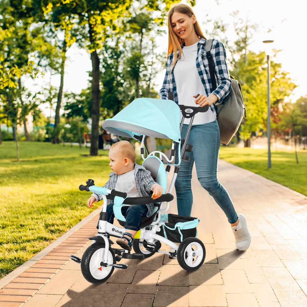 6-in-1 Children's Tricycle, Push Bar, Canopy, Harness, Storage Basket, 1-5 Years, Green