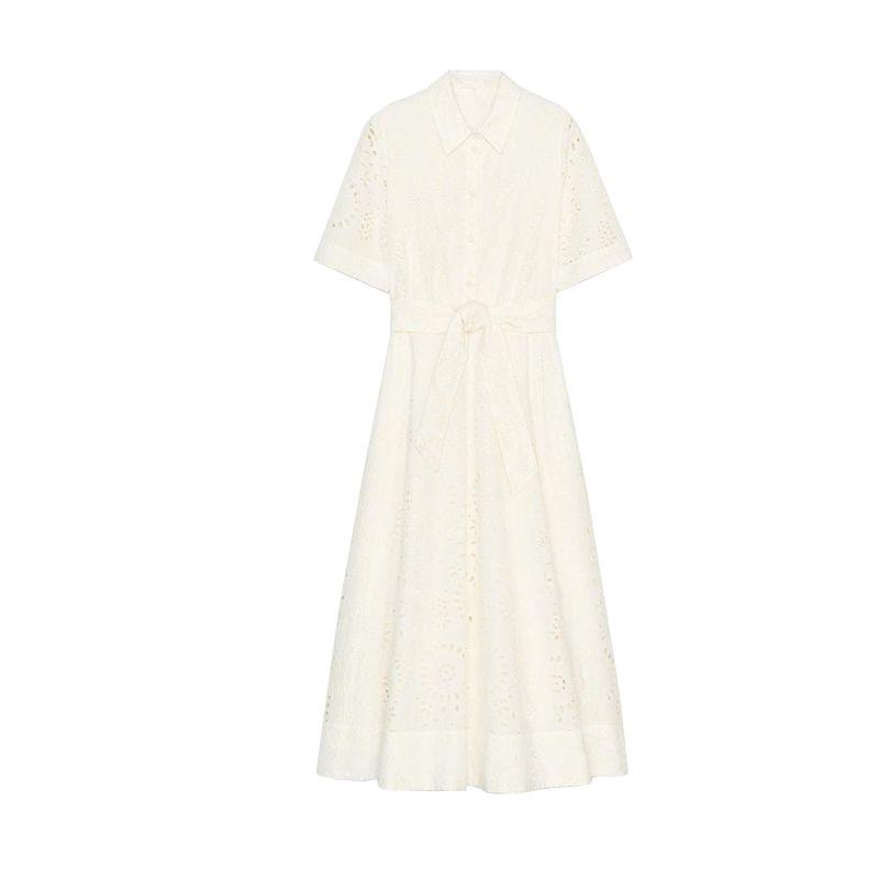 Summer New Women Clothes French Style Casual Bow Lace-up Embroidered Shirt Length Dress 4786137