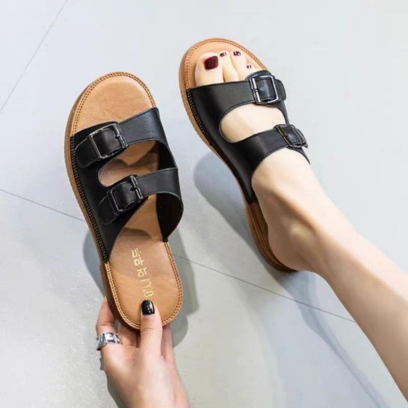 

Double belt square buckle open-toed slippers women wear new flat-bottomed beach seaside cool slippers in summer 35 чёрный