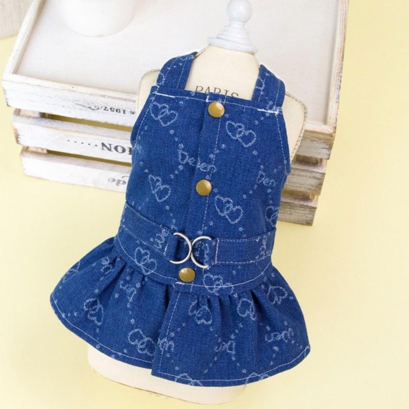 Lovely Dog Dress Blue Jean Type Skirt With Leash Access For Safe Adventure Adorable Look