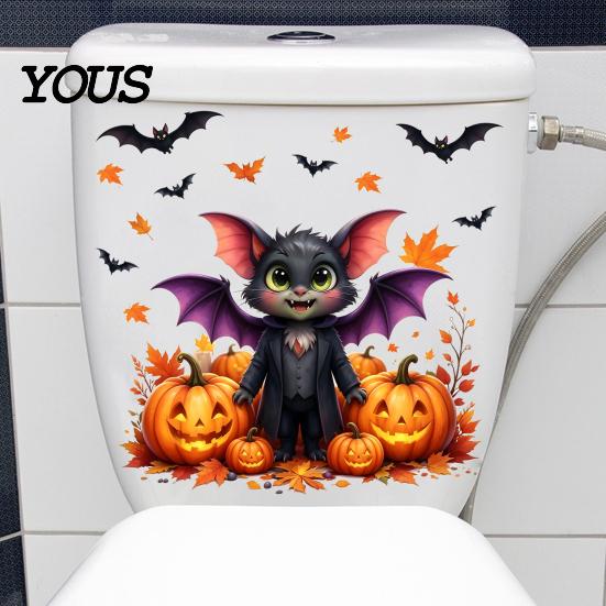 Removable Toilet Decals Halloween Decals, Cute Cartoon Bat in Suit & Black Crow with Witch Hat, Waterproof Peel-off Stickers Seat Cover Decor
