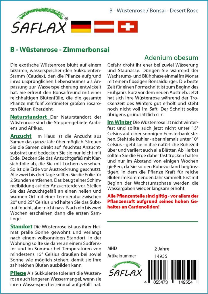 SAFLAX Garden In the Bag - Bonsai - Desert Rose - 8 Seeds - With Substrate In a Fitting Stand Up Bag - Adenium Obesum