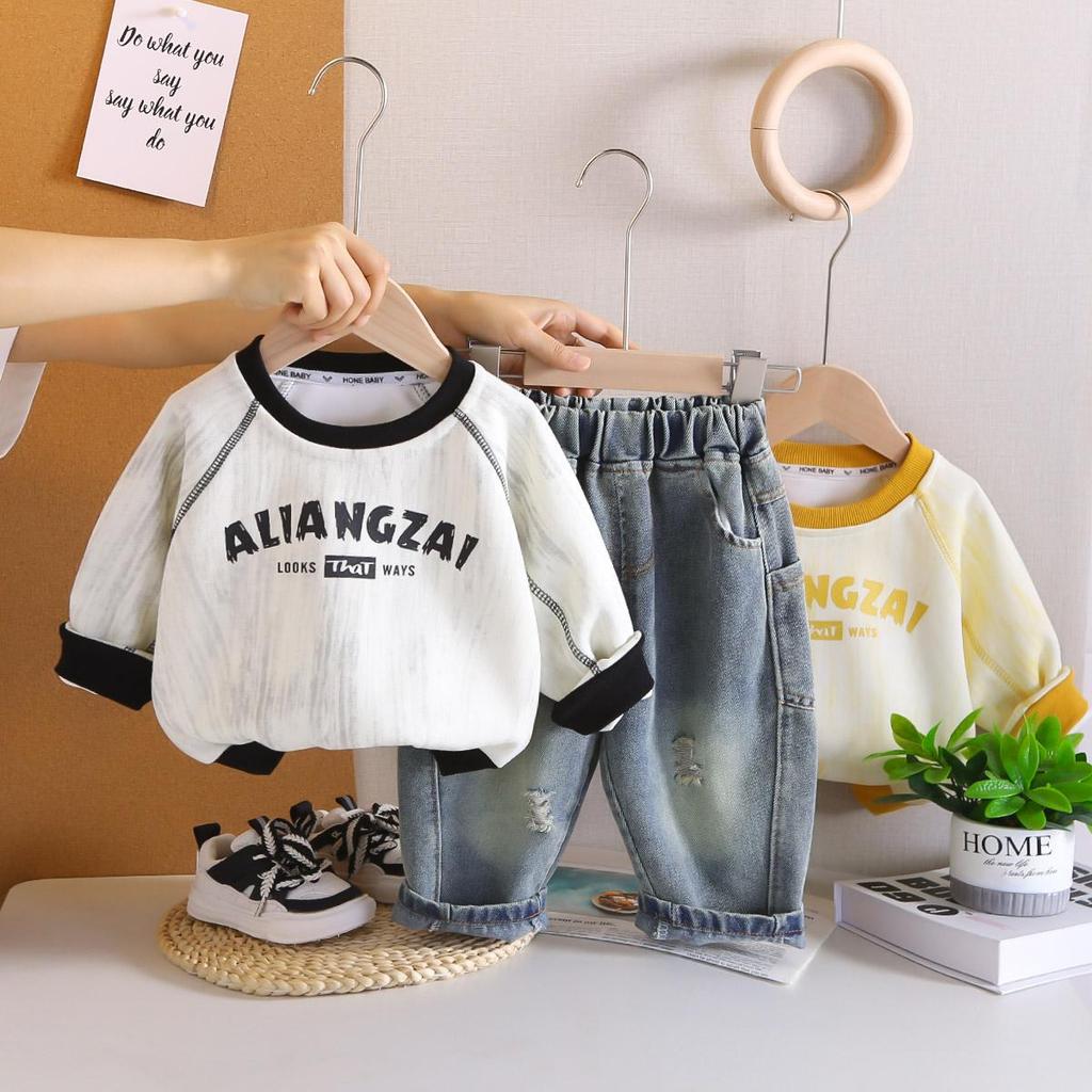 Boys' Spring and Autumn Letter Long Sleeve Set, Children's Jeans Two Piece Set, Handsome Baby Clothes