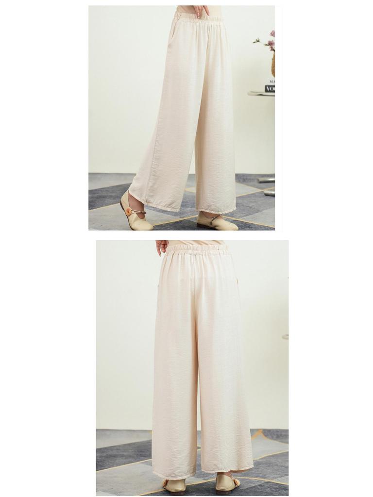 Women's Summer Silk Linen Wide-Leg Pants: Literary Solid Color, Elastic Waist, Loose Fit, Thin Fashion Leggings.