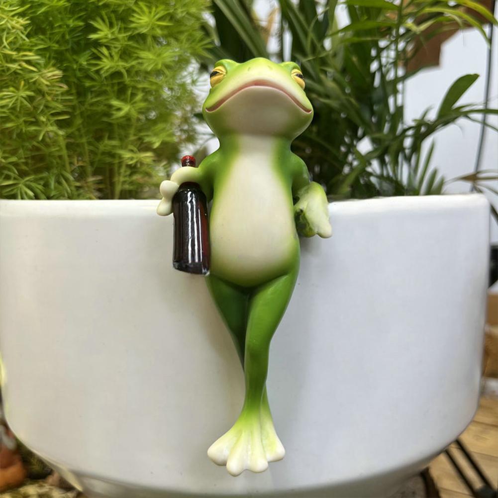 Funny Drinking Frog Statue Flower Pot Hugger Small Frog Figurine Miniature Frog Figurine for Flower Yard Lawn Ornament