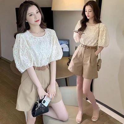 Chic and Youthful Petite Women’s Korean-Style Summer Set: Hollow-Out Top & Wide-Leg Shorts